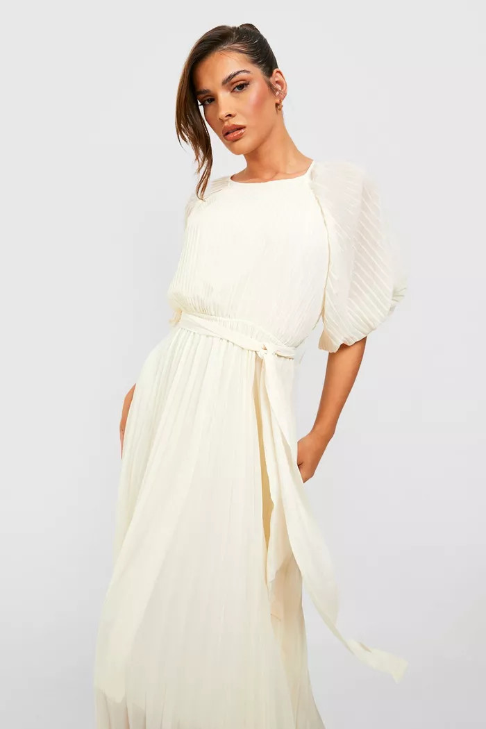 Pleated Puff Sleeve Midi Dress | Boohoo.com (US & CA)