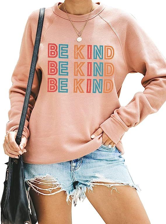 Blooming Jelly Women's Cute Graphic Sweatshirt Be Kind Crewneck Raglan Long Sleeve Pullover Top | Amazon (US)