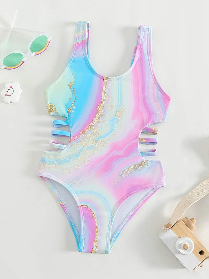 SHEIN Kids EVRYDAY Toddler Girls Marble Print Ladder Cut-out One Piece Swimsuit | SHEIN