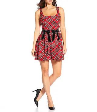 Plaid Print Square Neck Velvet Bow Bubble Hem Fit & Flare Dress | Dillard's
