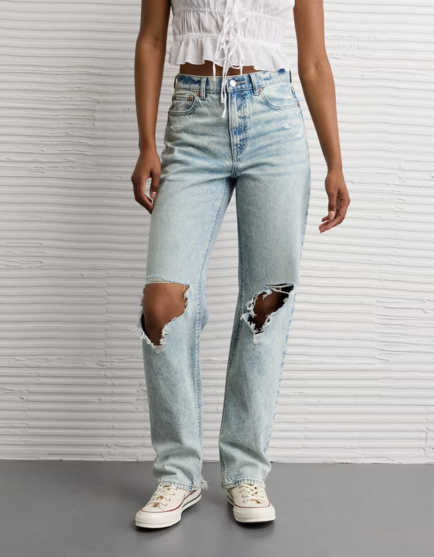 AE Strigid Ripped Super High-Waisted Baggy Straight Jean | American Eagle Outfitters (US & CA)