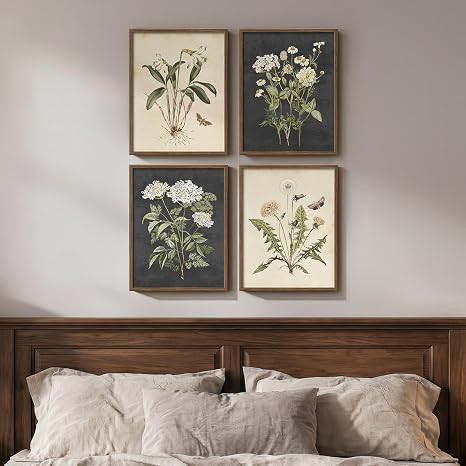 Framed Vintage Botanical Wall Art Bedroom, 4 Piece Rustic Farmhouse Floral Canvas Prints Artwork,... | Amazon (US)
