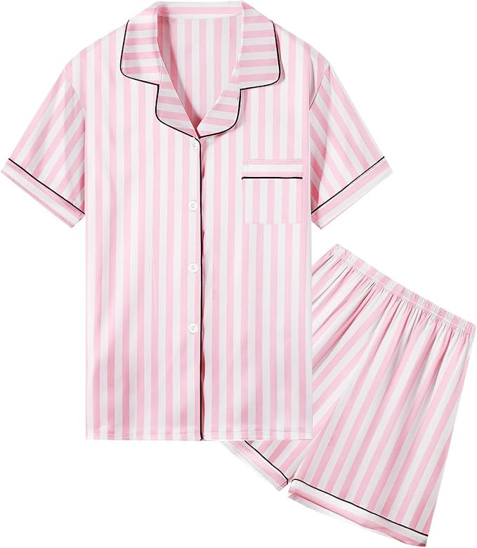 Umeyda Women & Girls Pajamas Set, Soft Satin Lightweight Silk Button-Down Top with Shorts 2 Piece... | Amazon (US)