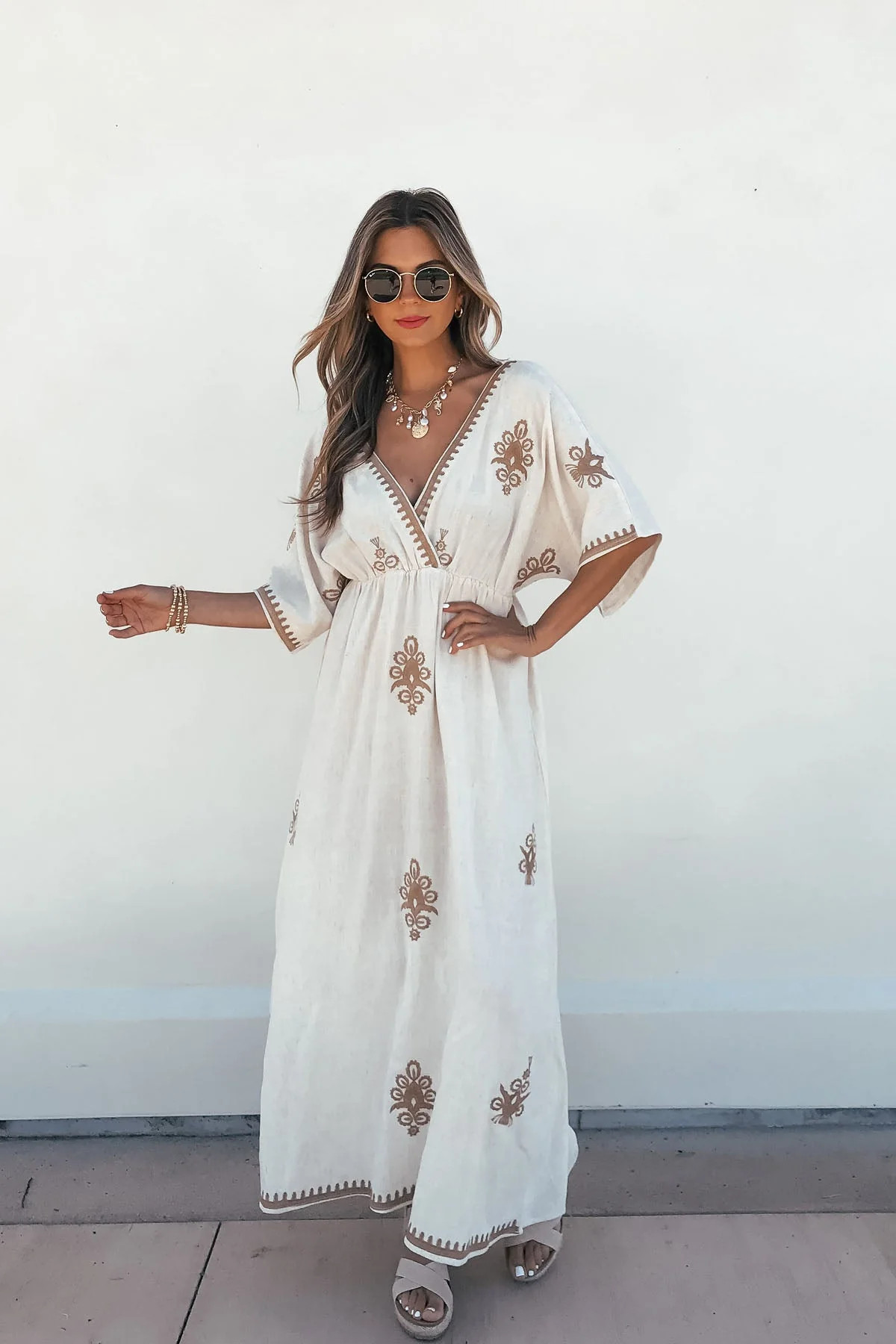 Women's Floral Linen Maxi Dress - Beige | Magnolia Boutique