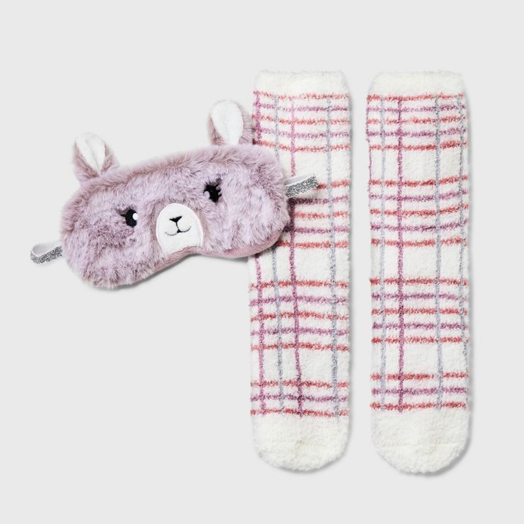 Women's Llama Faux Fur Eyemask & Cozy Socks Set - Purple/Ivory 4-10 | Target