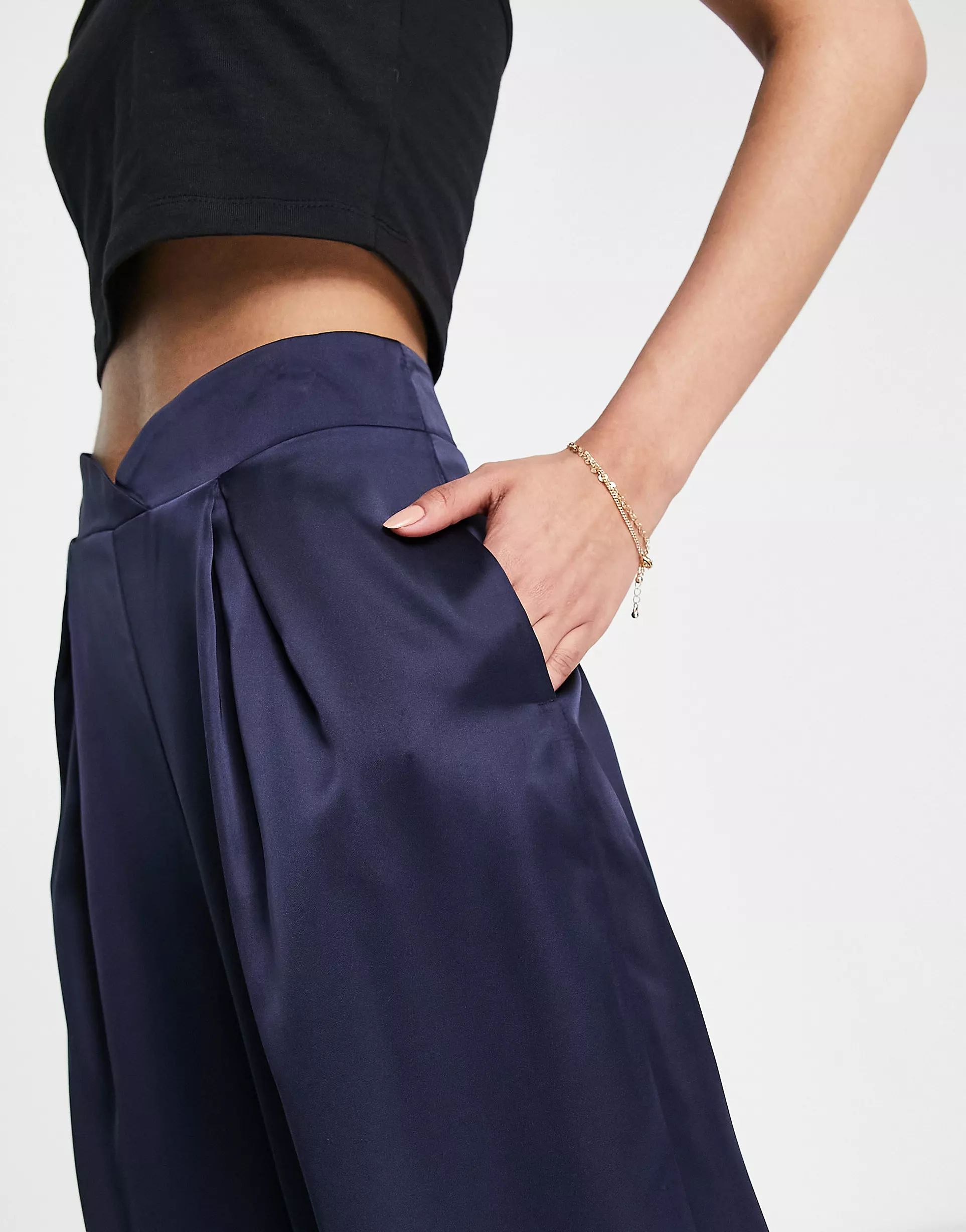 First Distraction the label Tall high waisted satin wide leg trousers in navy | ASOS (Global)