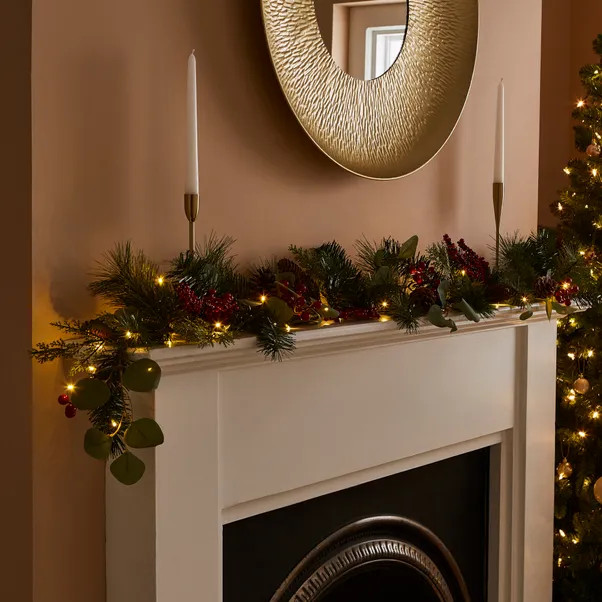 180cm Pre-Lit LED Artificial Berry Garland with Pinecones | Dunelm