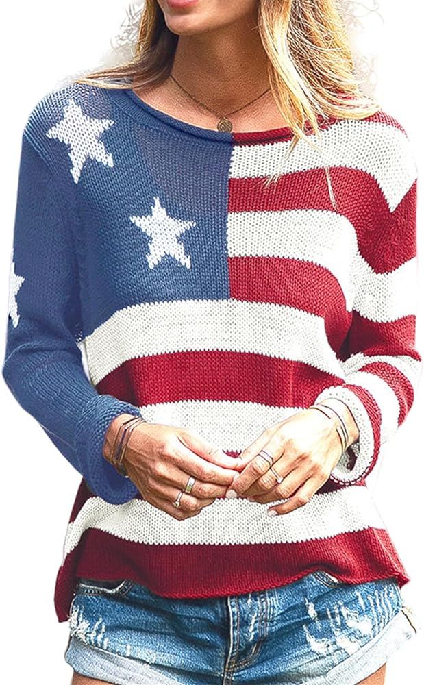 Women American Flag Sweater 4th of July Long Sleeve Crewneck Star Sweatshirt Vintage Hollow Out K... | Amazon (US)