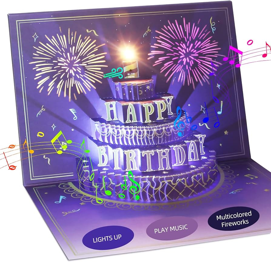 XTF2015 Happy Birthday Card, Lights & Music & Sound Fireworks Cake 3D Pop Up Birthday Card Gift w... | Amazon (US)