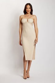 Lori Ruched Front Knit Midi Dress - Champagne | MESHKI US