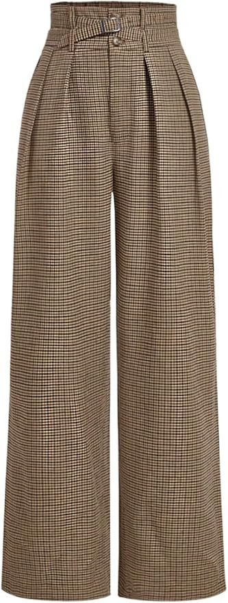 MakeMeChic Women's Plaid Business Pants High Waist Wide Leg Office Work Trousers with Belted | Amazon (US)