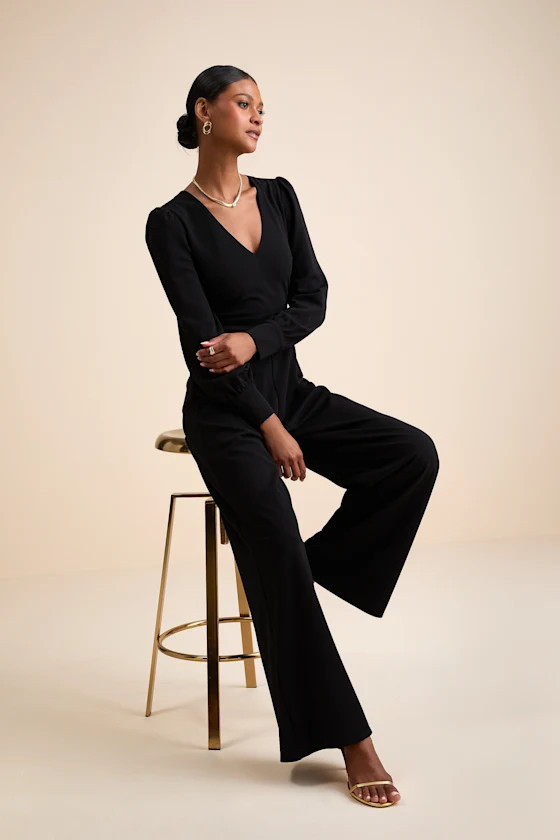 Celebrating Romance Black Long Sleeve Wide-Leg Jumpsuit | Lulus