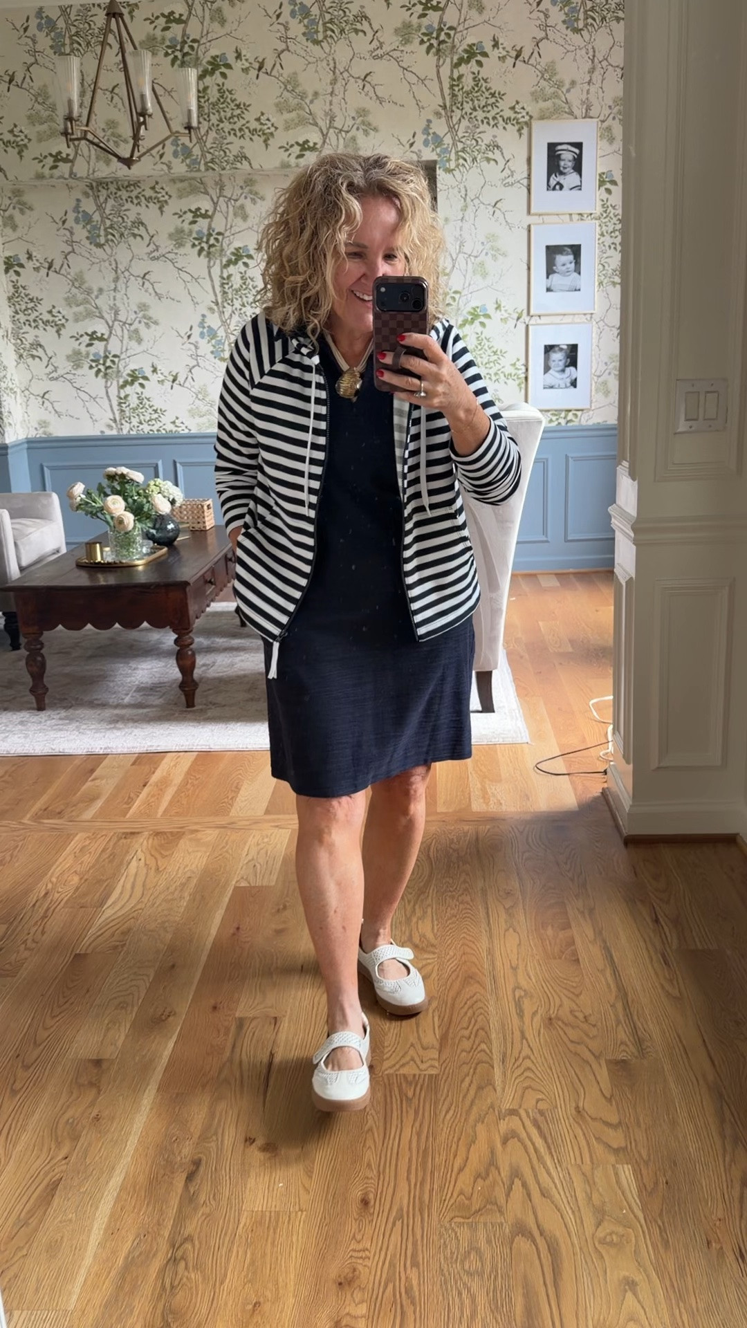 Grab this on sale! Talbots dress size medium petite 
Hoodie size medium 
Today’s OOTD 
Linking some sale Julie Vos door knocker earrings that are similar to mine

#LTKSaleAlert #LTKOver40 #LTKootd