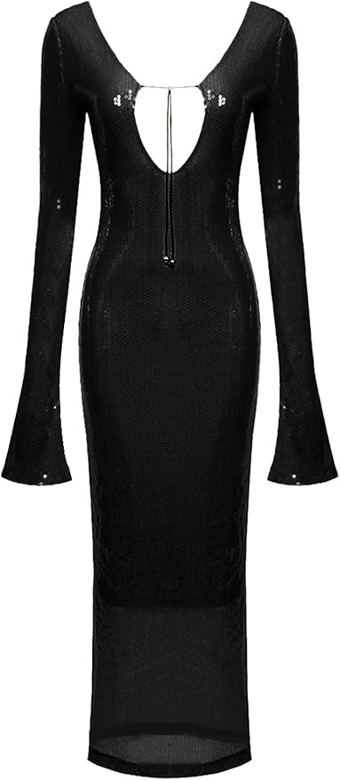 meilun Deep V Dress with Drawstring Long Sleeve Sequin Dress for Women Long Gown | Amazon (US)