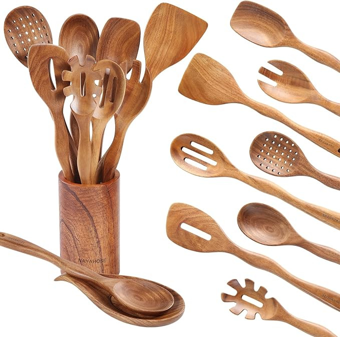 10Pcs Wooden Spoons for Cooking with Spoon Rest & Holder, 12inch Wooden Kitchen Utensil Set, Non ... | Amazon (US)