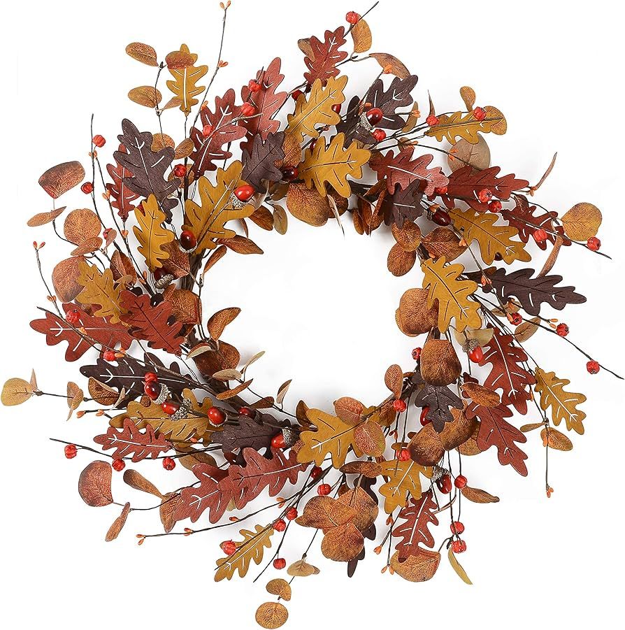 YNYLCHMX 18" Wreaths for Front Door, Winter Leaves, Eucalputs, and Pinecones Artificial Wreath Mo... | Amazon (US)