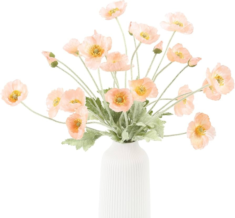 Artificial Poppy Flowers (6 Stems, Peach Coral), Silk Bouquets for Home Decor, Wedding, Table Cen... | Amazon (US)