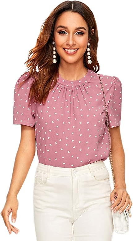 Women's Casual Round Neck Basic Pleated Top Cap Sleeve Curved Keyhole Back Blouse | Amazon (US)