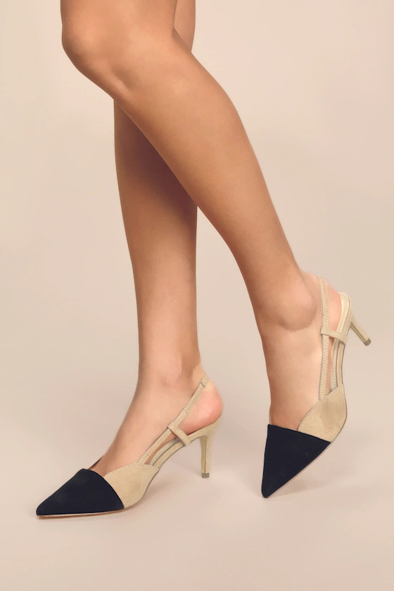 Steviee Black and Beige Pointed-Toe Slingback Pumps | Lulus
