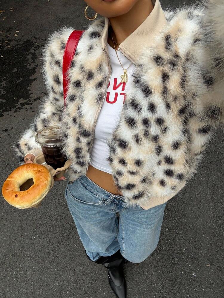 Muchica Women's Leopard Print Stand Collar Faux Fur Coat, Autumn/Winter, Animal Print Y2k Coat,Fall | SHEIN