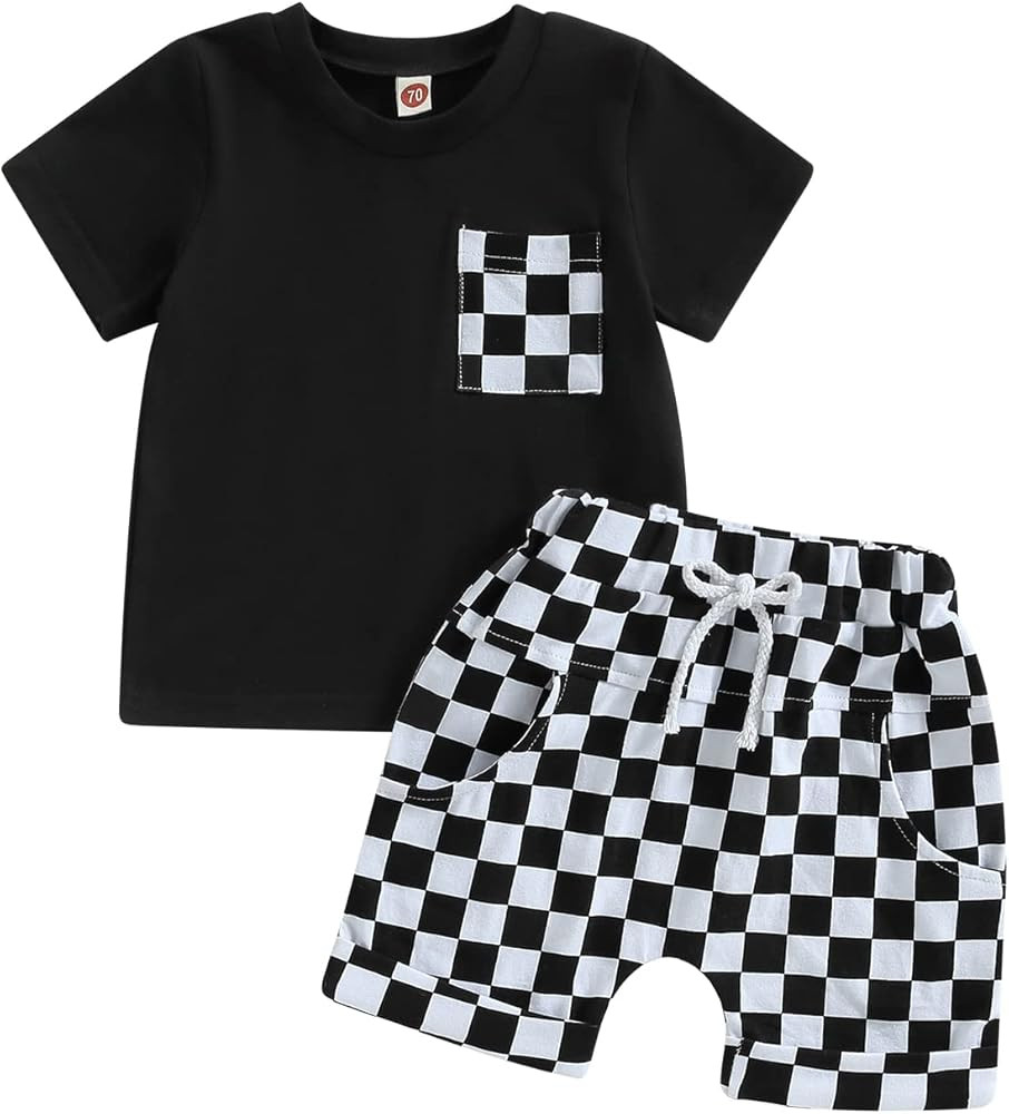 Baby Boy Girl Summer Outfits Checkered Plaid Short Sleeve T-Shirt Top Shorts Set Trendy Toddler C... | Amazon (US)