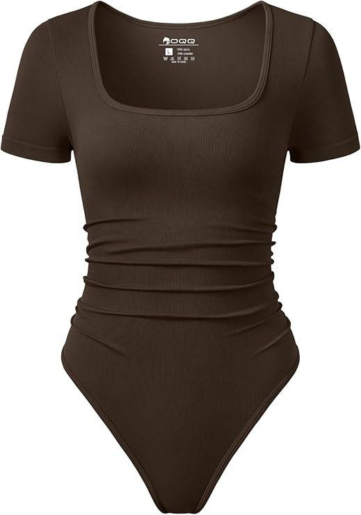 OQQ Women Bodysuits Ruched Short Sleeve Square Neck Stretch Lounge Travel Bodysuits | Amazon (US)