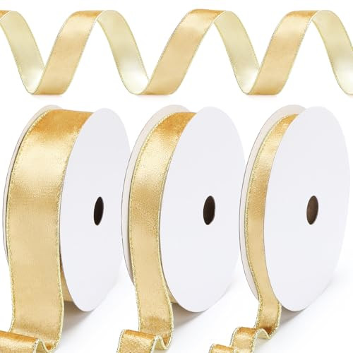 Yunlly 3 Rolls Christmas Velvet Wired Ribbon 0.6, 1, 1.5 Inch Double Sided Velvet Christmas Wired Ribbon for Tree Decoration Gift Wrapping Crafts Wreaths Supplies, Total 30 Yards(Gold and Gold) | Amazon (US)
