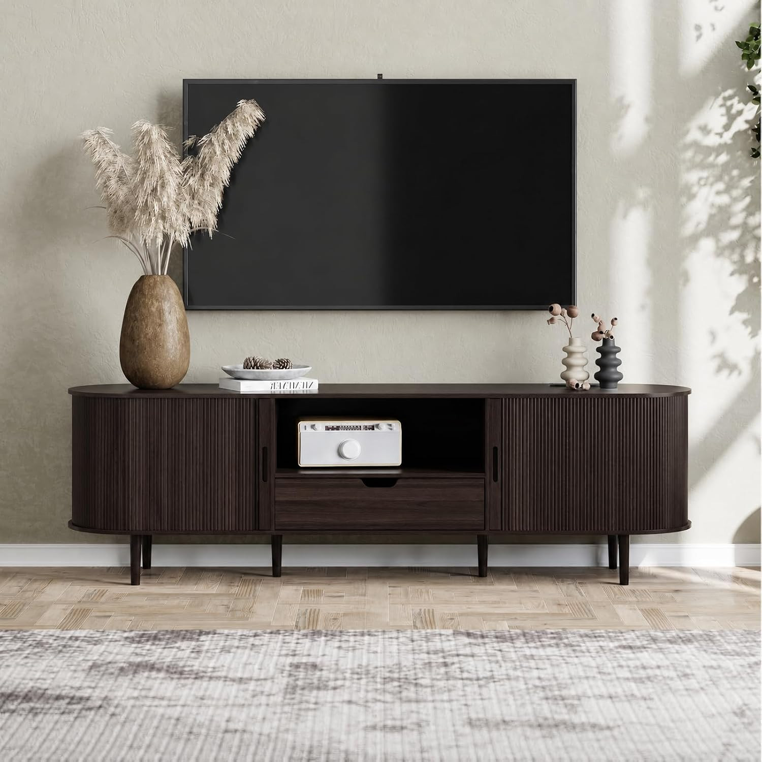 DHH 71" Fluted TV Stand with Power Outlet for TVs up to 80", TV Console with Adjustable Shelves and Sliding Door,Mid Century Modern Entertainment Center for Living Room,Bedroom (Dark Walnut) | Amazon (US)