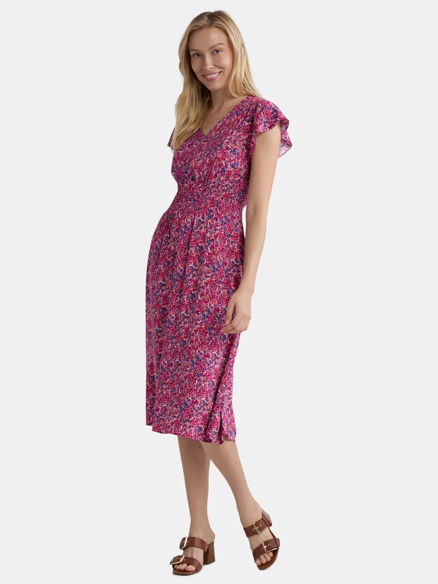 Time and Tru Women's and Women's Plus Smocked Waist Midi Dress with Short Sleeves, Sizes XS-4X | Walmart (US)