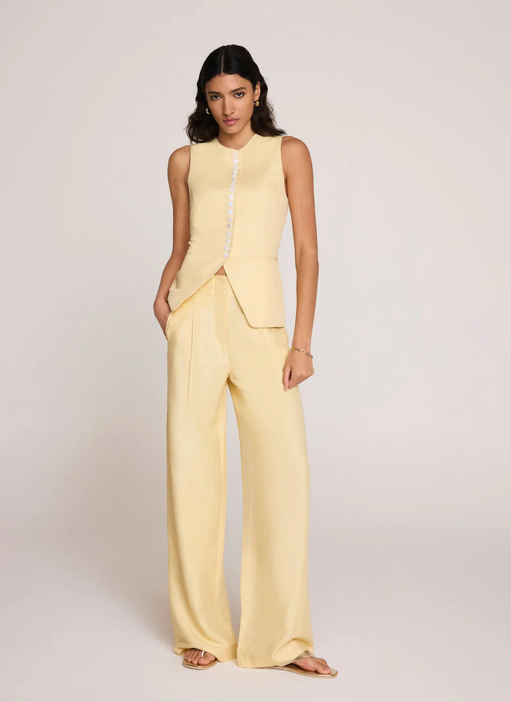 Yellow Linen Blend Longline Waistcoat | Mint Velvet