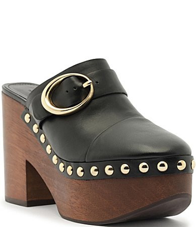 Schutz Piper Leather Studded Buckle Detail Block Heel Platform Clogs - 7.5 | Dillard's