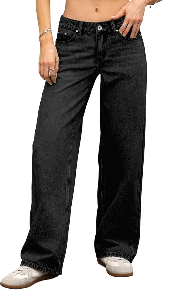 ELLEVEN Women's Low-Rise Baggy Jeans, High Stretchy Y2K Wide Leg Jeans Boyfriend Straight Leg Den... | Amazon (US)