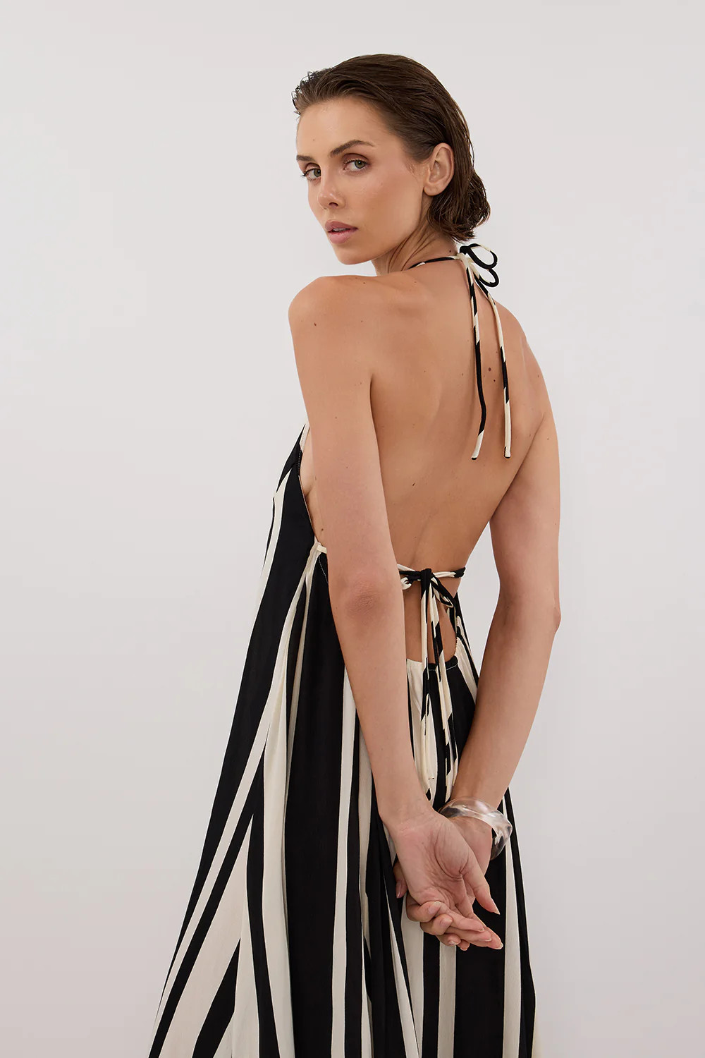 BEAU BLACK STRIPE HALTER MIDI DRESS | DISSH