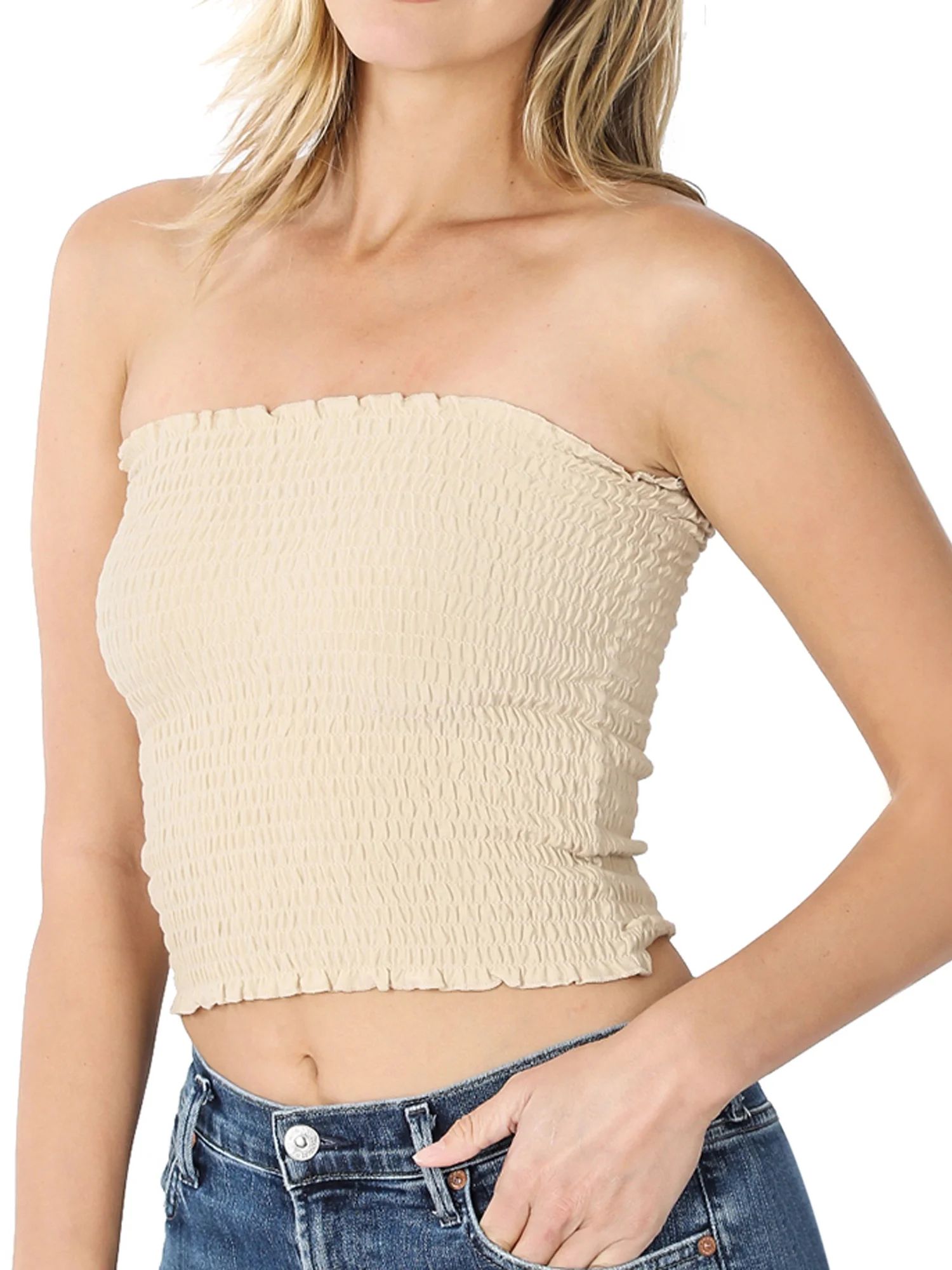 Women Strapless Pleated Solid Colors Smocked Bandeau Sexy Tube Crop Tops (TAUPE, Large) | Walmart (US)