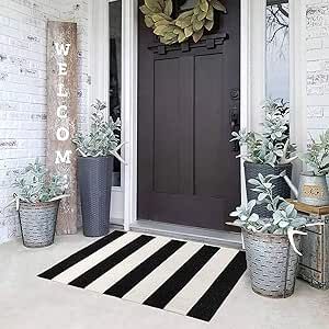 Black and White Striped Rug (23.6 x 35.4 Inches), Indoor Outdoor Striped Doormats, Handmade Woven... | Amazon (US)