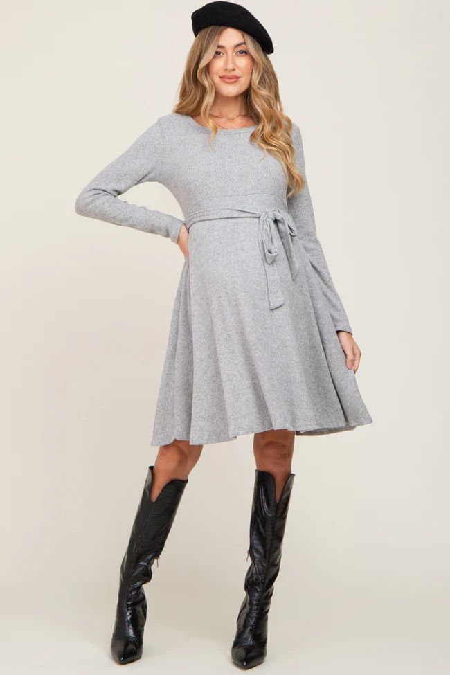 Heather Grey Soft Rib Knit Sash Tie Maternity Dress | PinkBlush Maternity