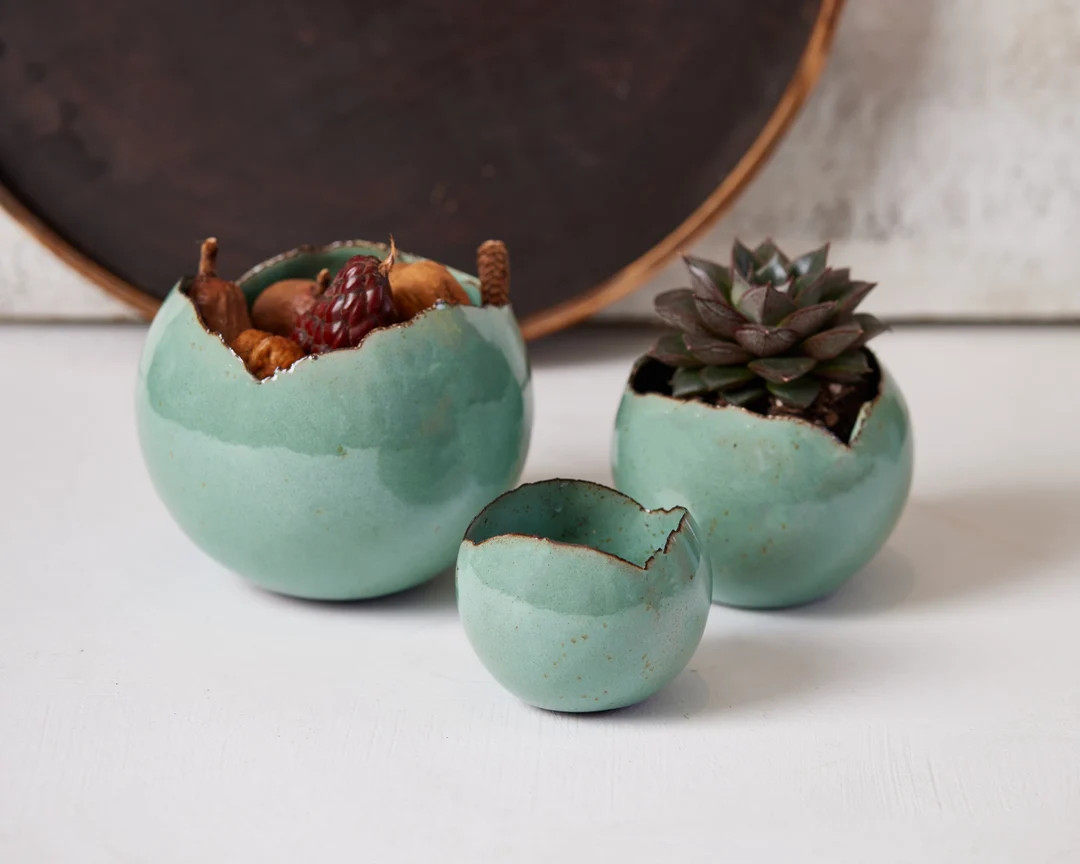 Set of 3 Turquoise Handmade Eclectic Ceramic Planters, Unique Bohemian Home Decor, Indoor Decorat... | Etsy (US)