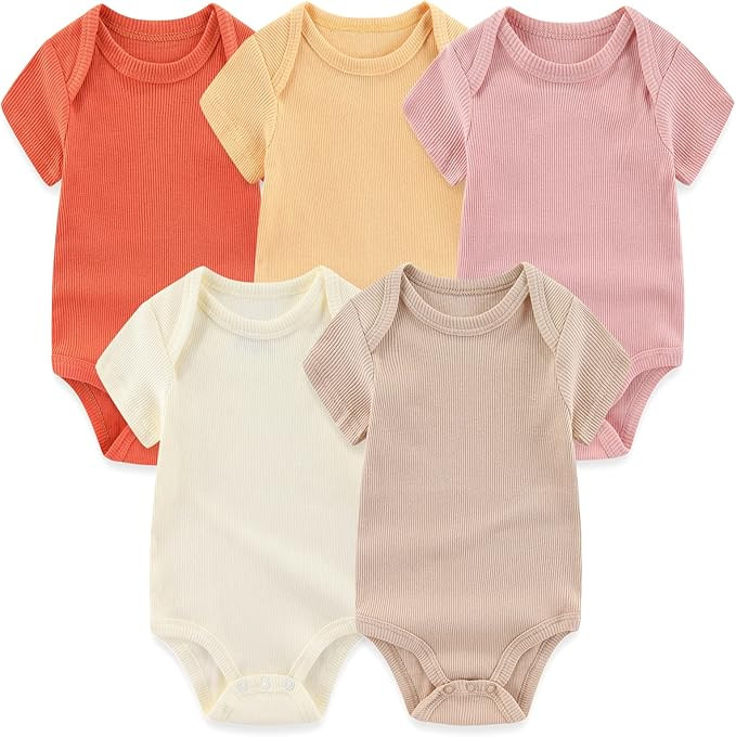 MAMIMAKA Newborn Baby Short Sleeve Bodysuit Cotton One-Piece Baby Clothes 5-Pack, 0-12 Months | Amazon (US)