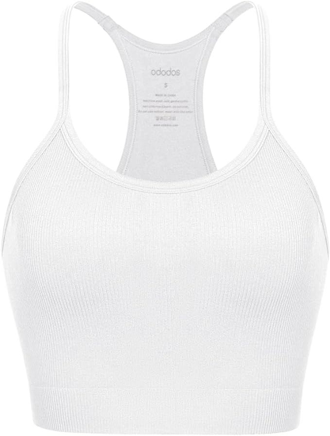 ODODOS Seamless Racerback Sports Bra for Women Ribbed Camisoles Wireless Yoga Bra Crop Tank Tops | Amazon (US)