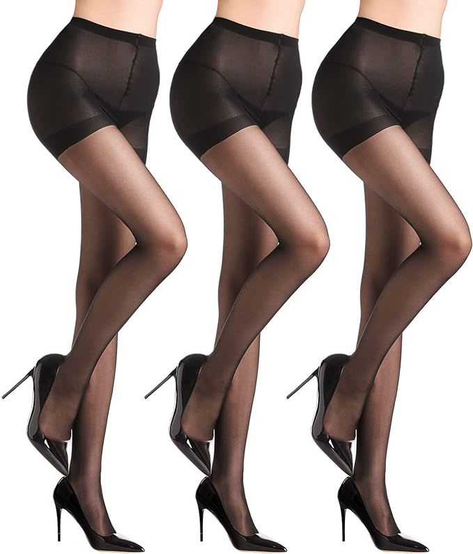 WAKUNA 3 Pairs Sheer Tights For Women 20D Pantyhose Control Top Invisible Reinforced Toes Black o... | Amazon (US)