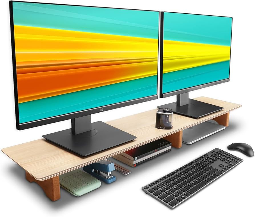 Aothia Large Dual Monitor Stand Riser, Solid Wood Desk Shelf with Eco Cork Legs for Laptop Comput... | Amazon (US)