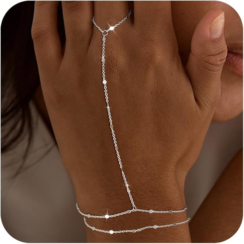 Moodear Sterling Silver Dainty Ring Bracelet Hand Chain for Women - 14K Gold Plated/Sterling Silv... | Amazon (US)