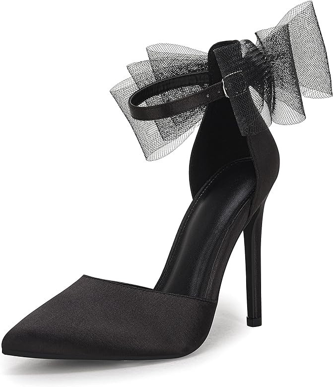 Coutgo Women's Closed Pointed Toe High Heels with Bow Knot Ankle Strap Satin Stiletto Pumps | Amazon (US)