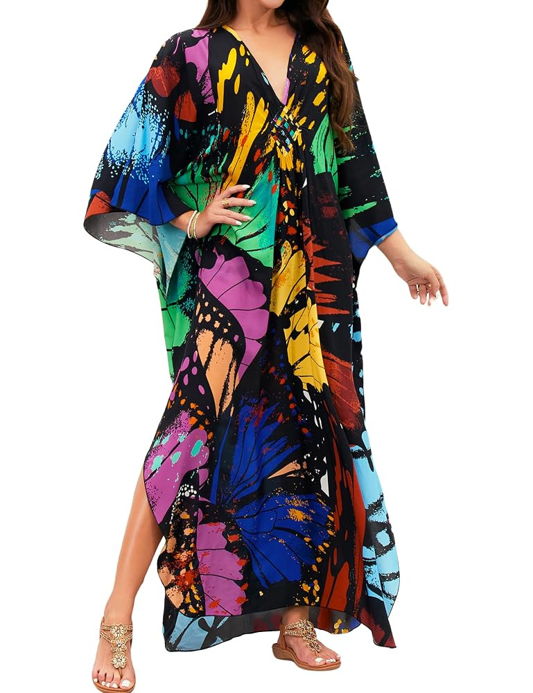 MAKABO Kaftan Dresses for Women, V Neck Moo Moos Colorful Print Cover Ups Caftan Beach Dresses fo... | Amazon (US)