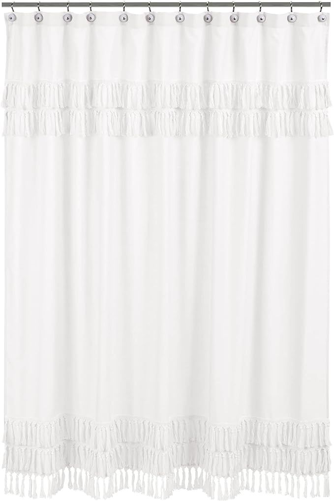 Sweet Jojo Designs White Boho Bohemian Bathroom Fabric Bath Shower Curtain - Solid Color Shabby C... | Amazon (US)