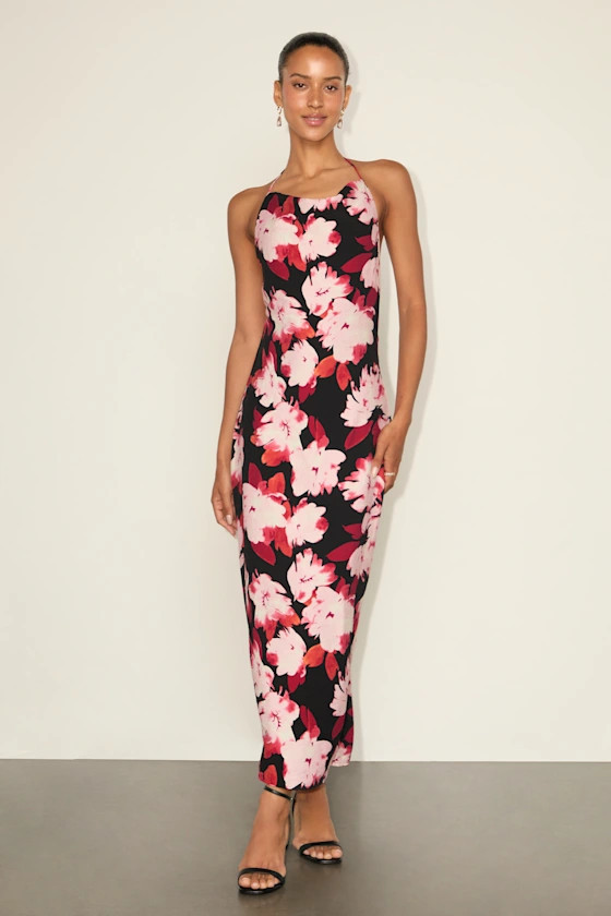Valdria Black Floral Cowl Halter Midi Dress | Lulus