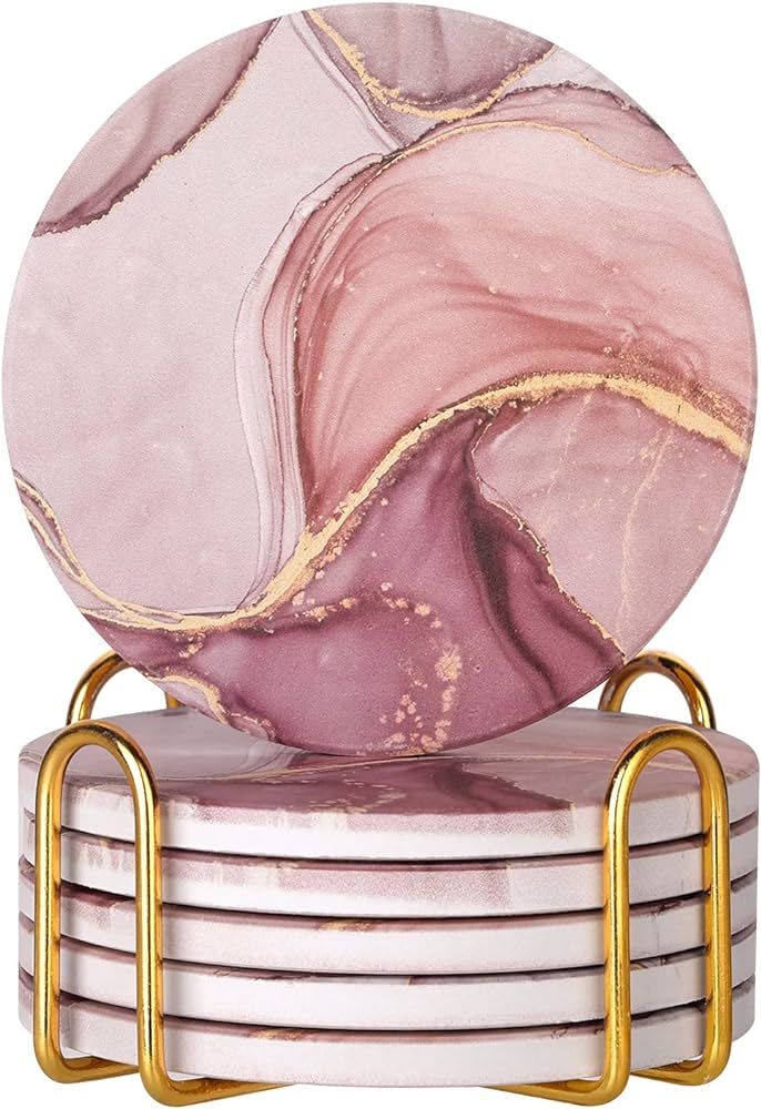 Warmroom Absorbent Pink Marble Ceramic Coasters for Drinks with Gold Holder and Cork Base Set of ... | Amazon (US)