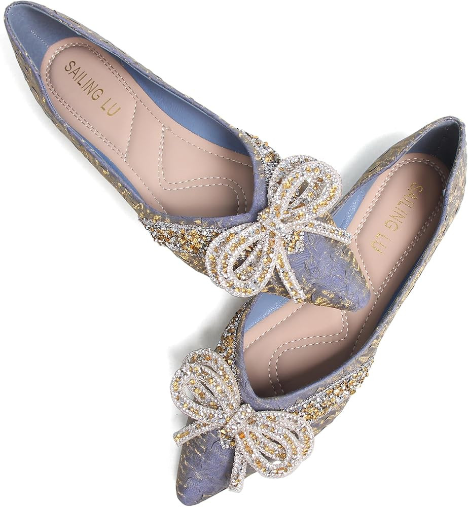 SAILING LU Bow-Knot Ballet Flats for Women Pointed Toe Crystals Wedding Shoes Comfort Light Weigh... | Amazon (US)