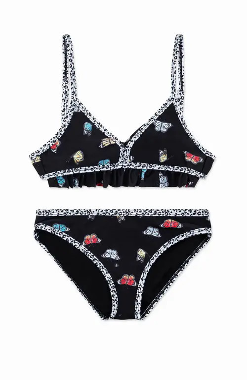 Limeapple Butterfly Printed Ruffle Bikini in Black at Nordstrom, Size 16 | Nordstrom