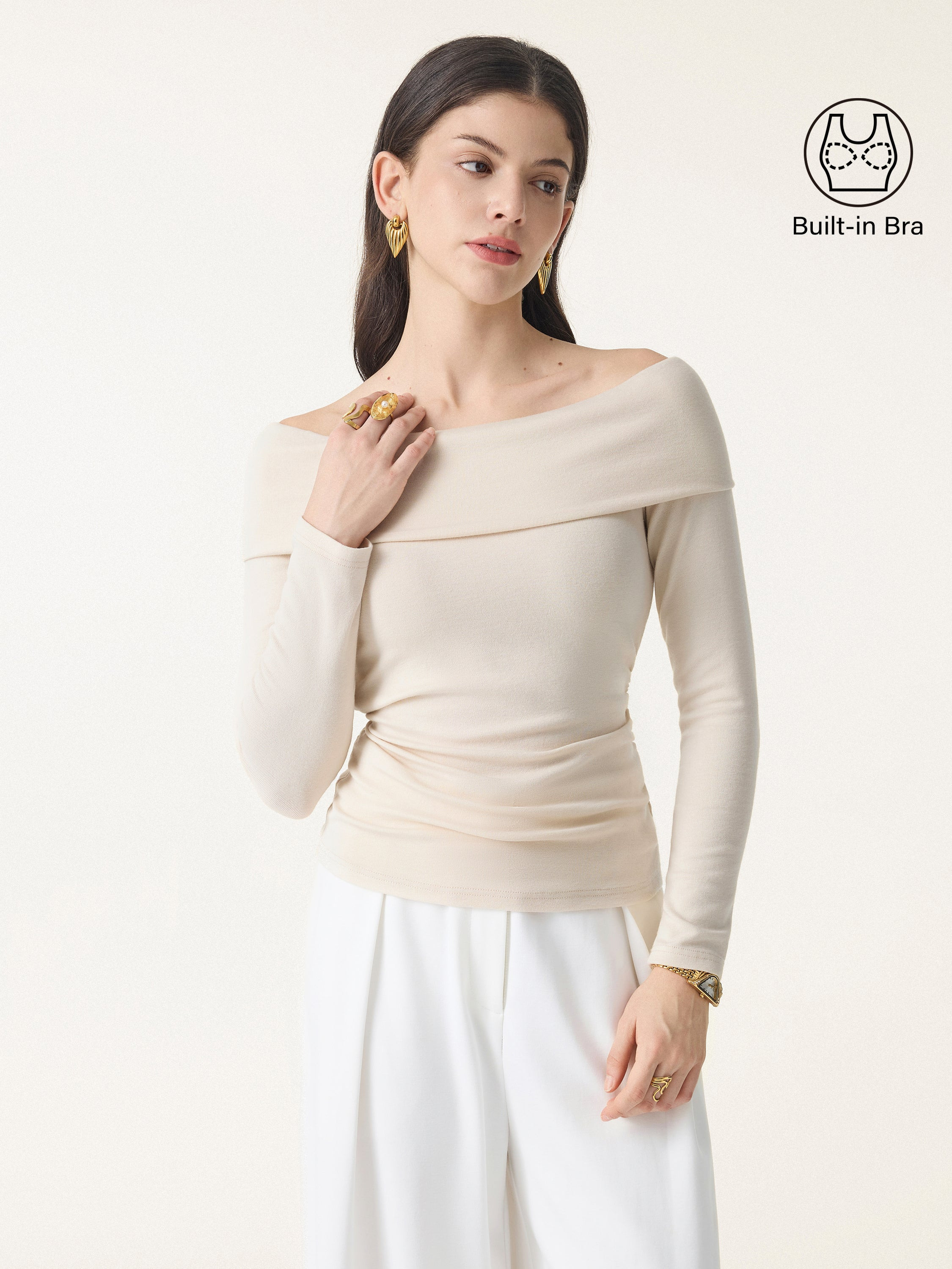 Off-Shoulder Long Sleeve Side Ruched Brami Top | OGLmove